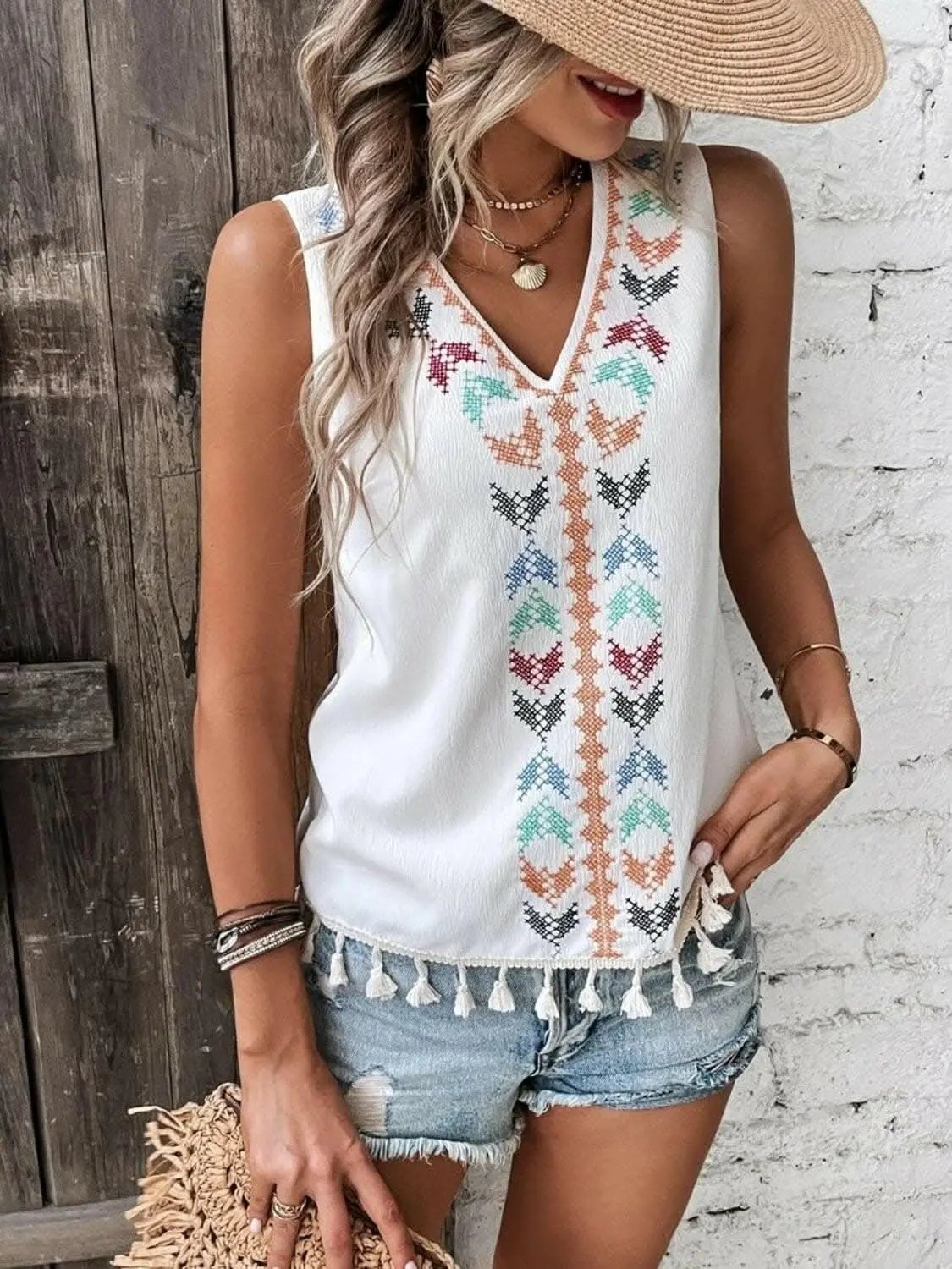 Trendsi just arrived - Sheer tassel v-neck tank top