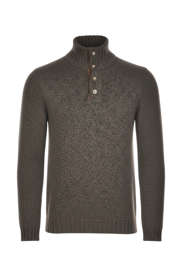 Fedeli Wool-Cashmere Marled Turtleneck Knit Quarter Button Up Sweater