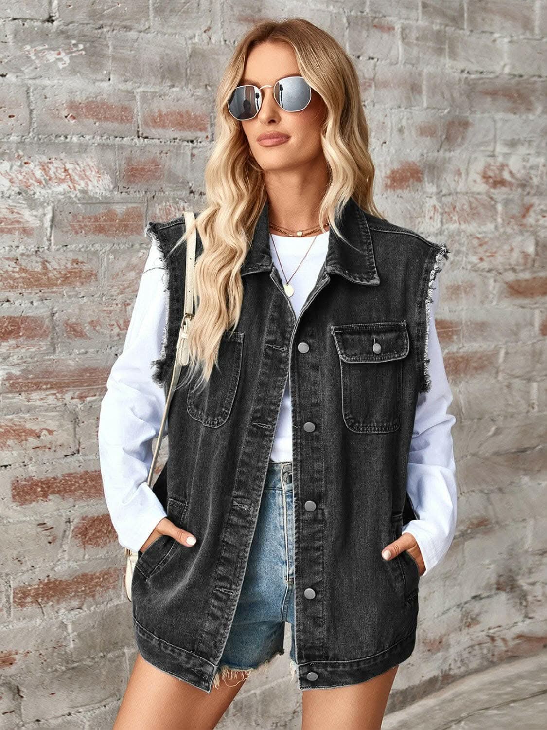Trendsi Sleeveless denim jacket with raw hem