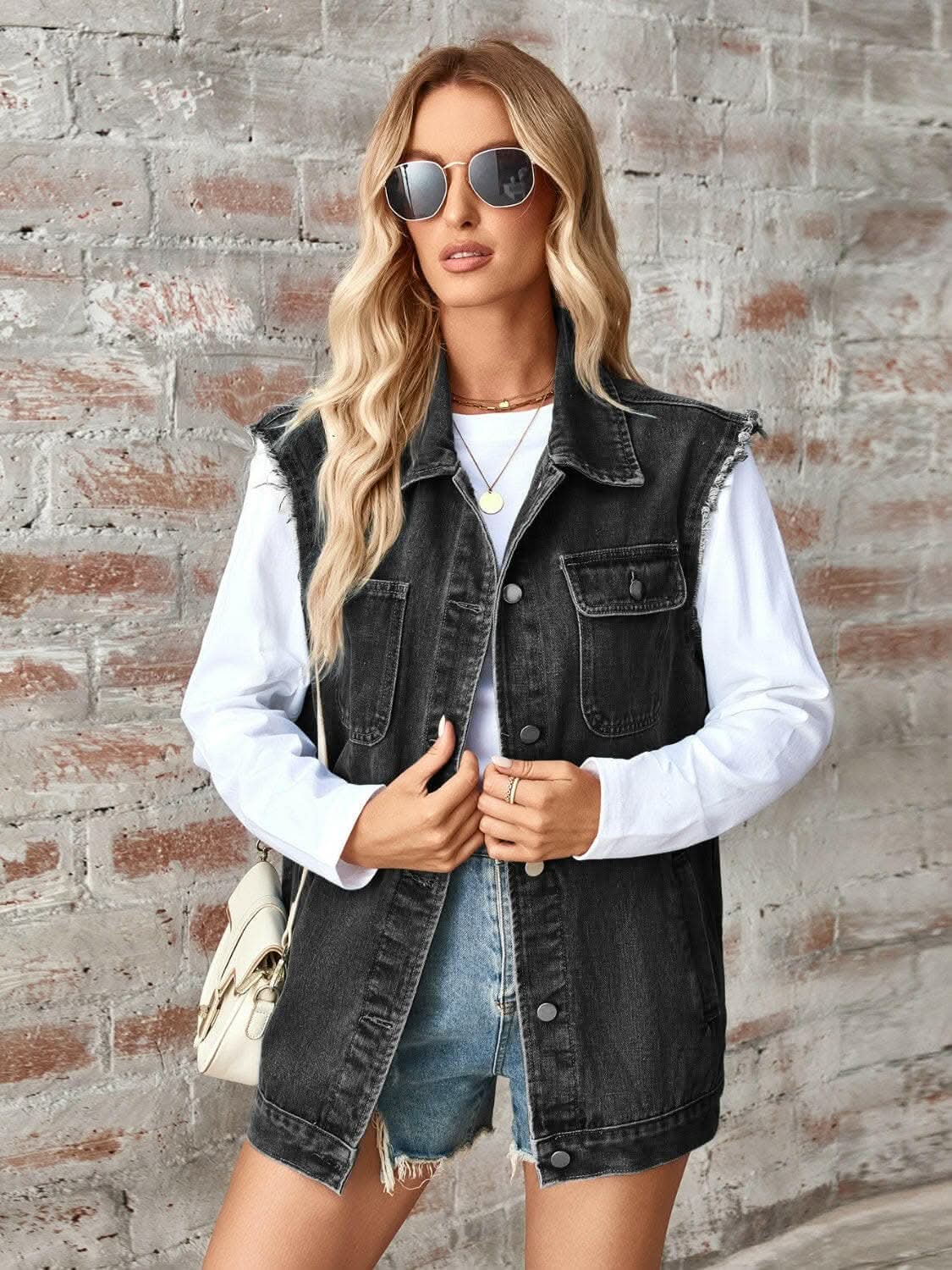 Trendsi Sleeveless denim jacket with raw hem