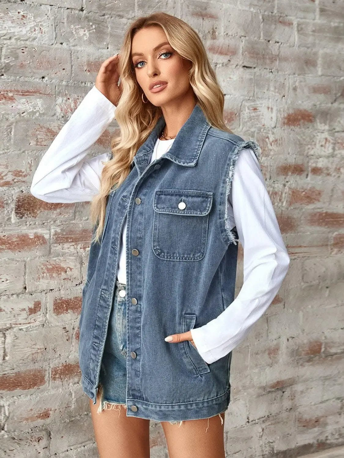 Trendsi Sleeveless denim jacket with raw hem