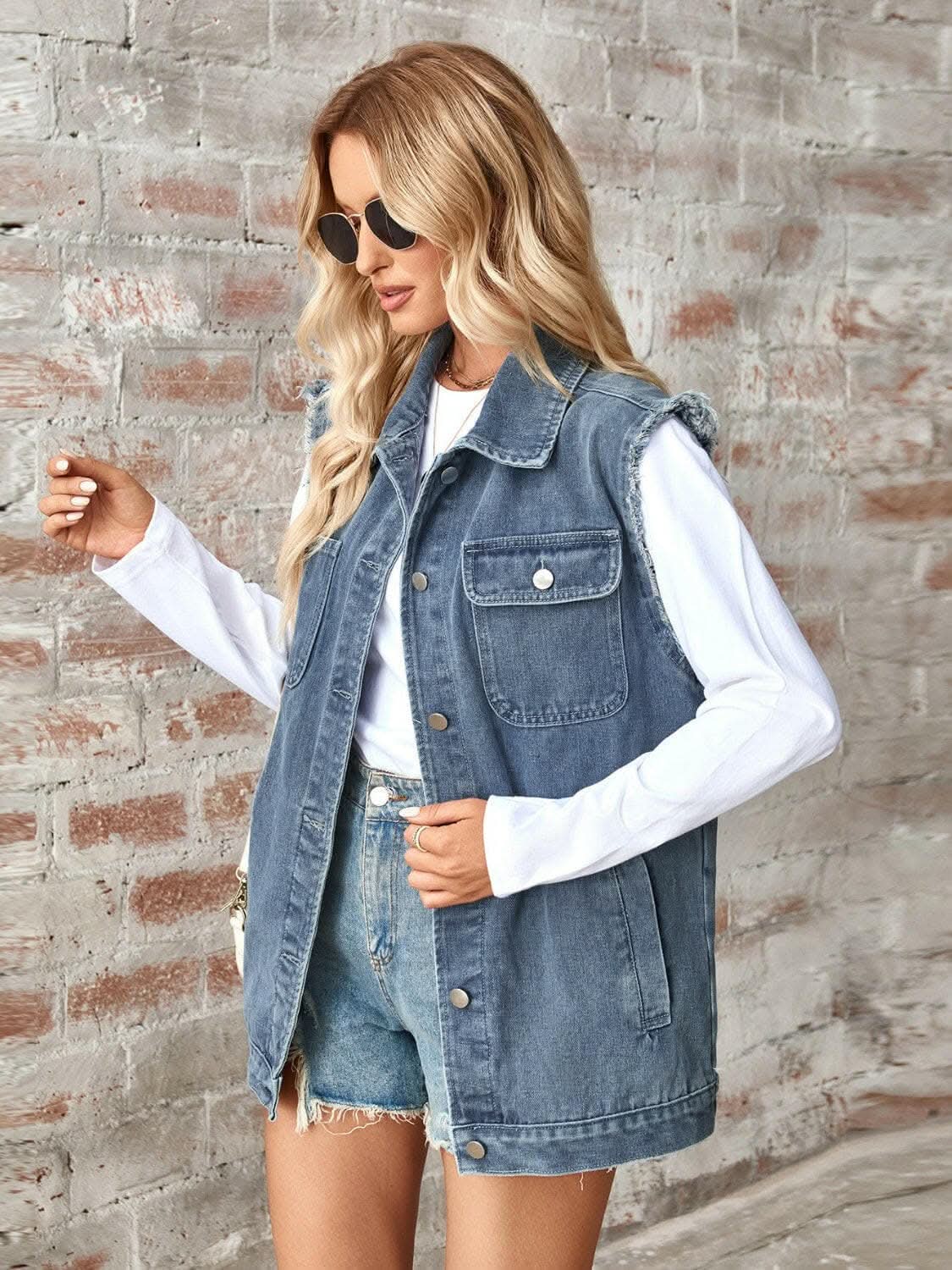 Trendsi Sleeveless denim jacket with raw hem