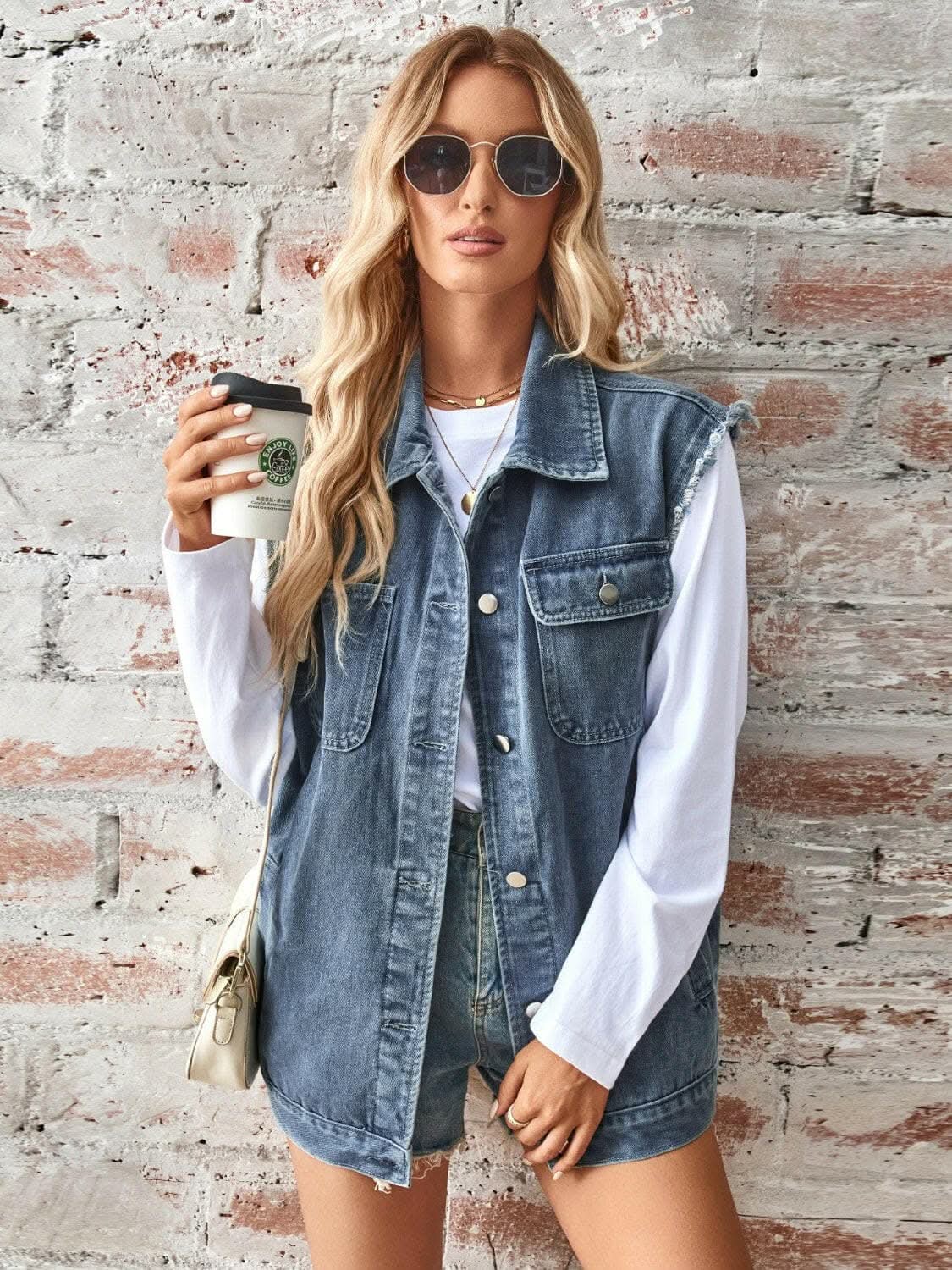 Trendsi Sleeveless denim jacket with raw hem
