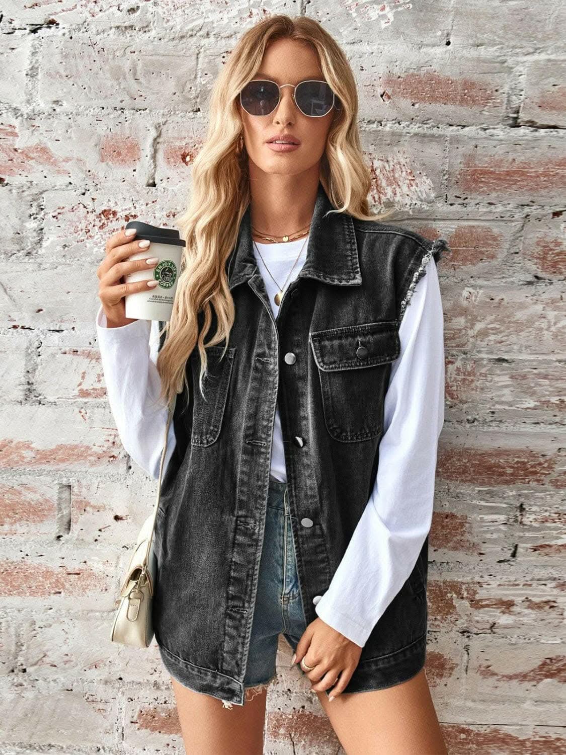 Trendsi Sleeveless denim jacket with raw hem