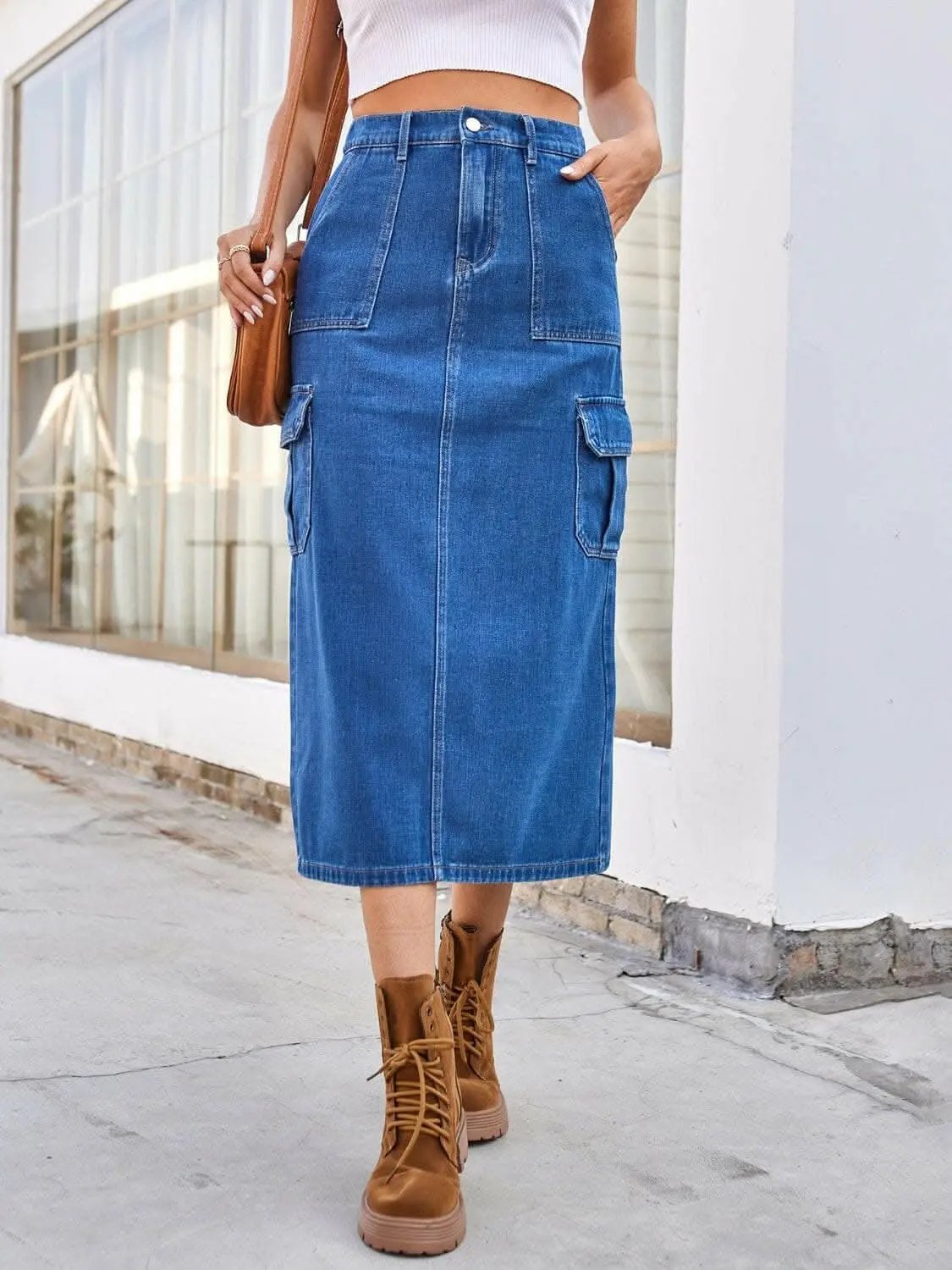 Trendsi Slit denim midi skirt with pockets