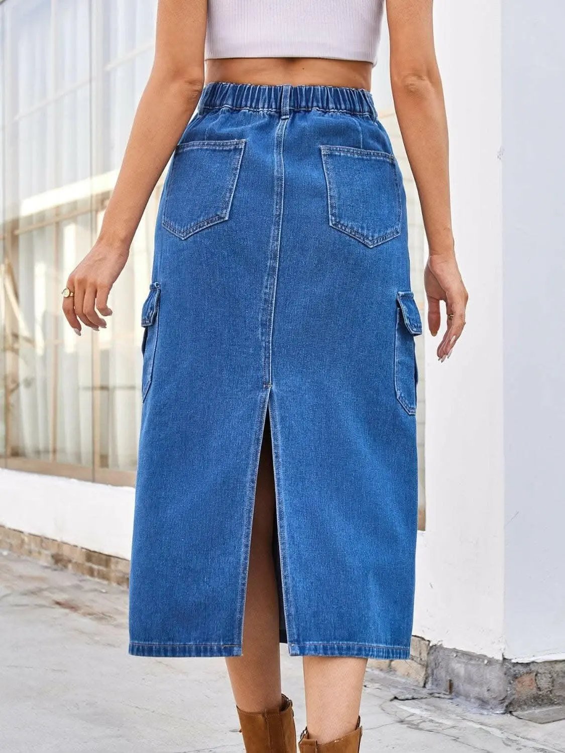 Trendsi Slit denim midi skirt with pockets