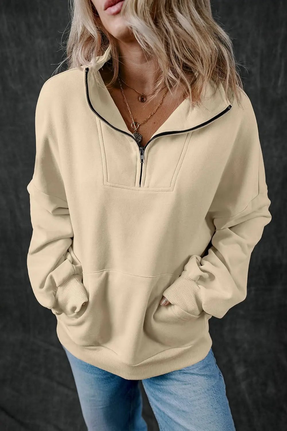 Women's Zip-Up Sweatshirt - Kangaroo Pocket - Smoke Gray Casual