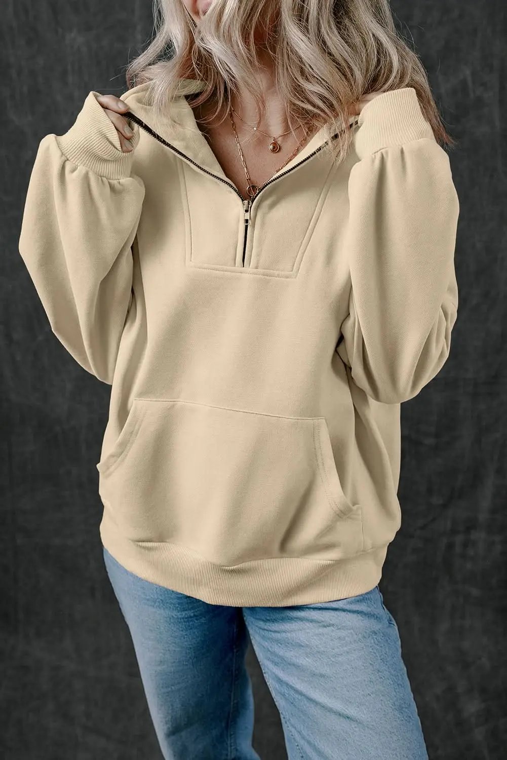 Women's Zip-Up Sweatshirt - Kangaroo Pocket - Smoke Gray Casual