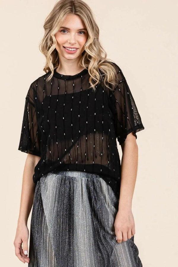 Trendsi Sparkling Mesh Top Women's Party/Club Top Sexy Drop Shoulder