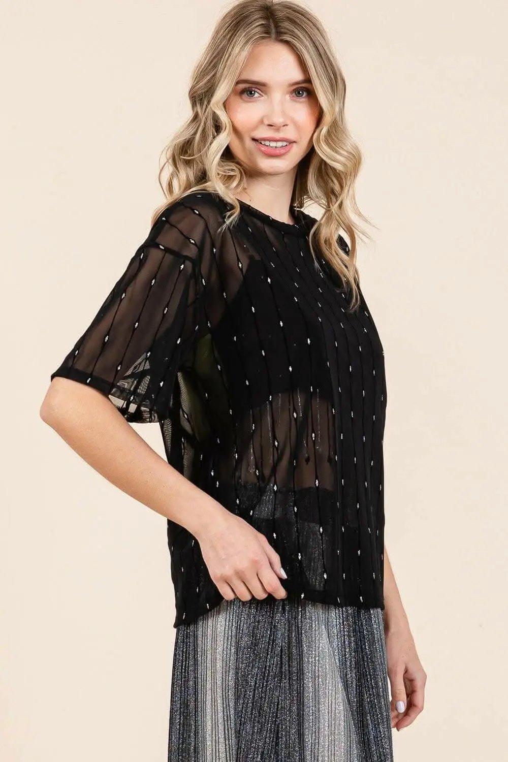 Trendsi Sparkling Mesh Top Women's Party/Club Top Sexy Drop Shoulder