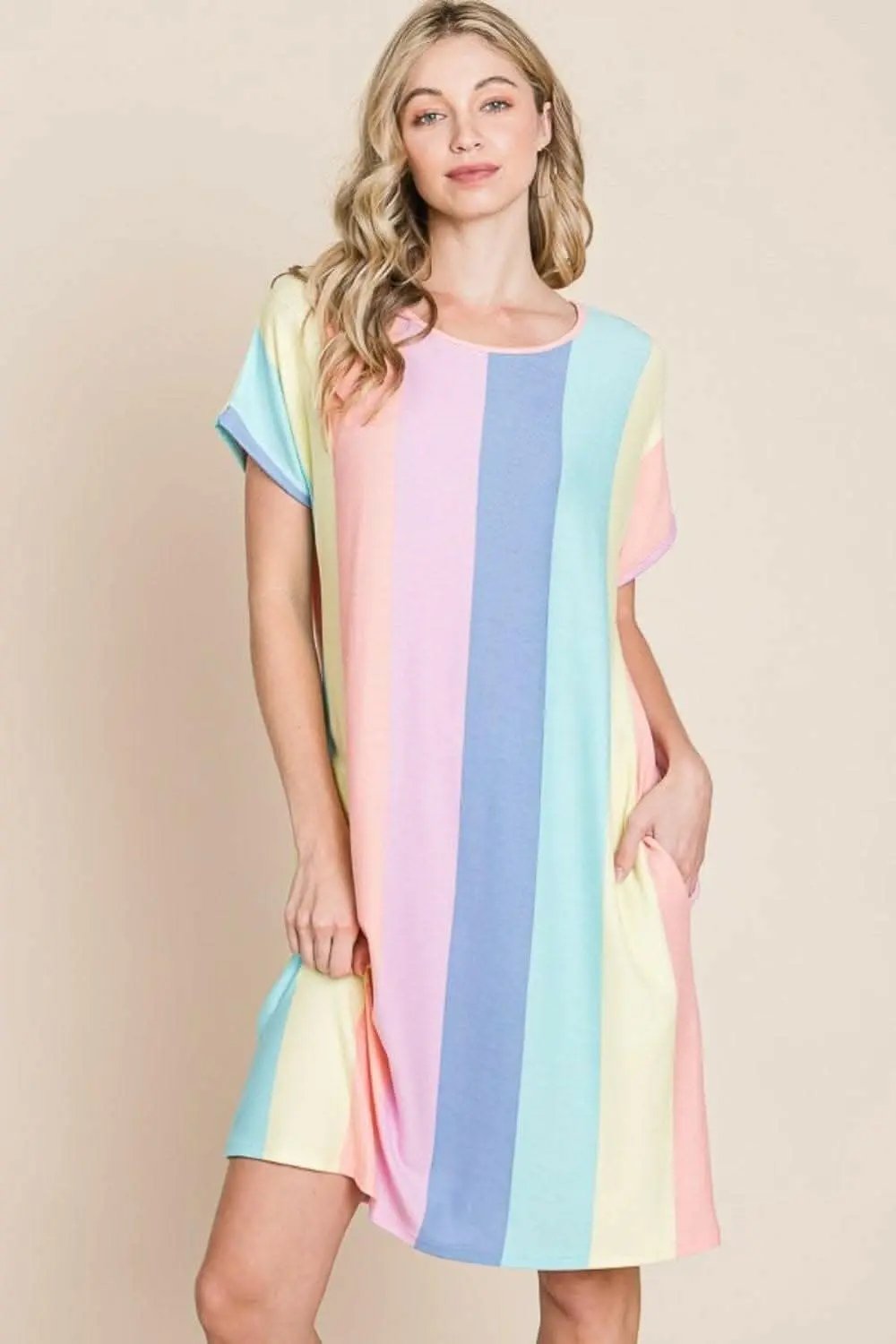 Trendsi Striped Dress Women's Casual Short Sleeve Pockets Classic