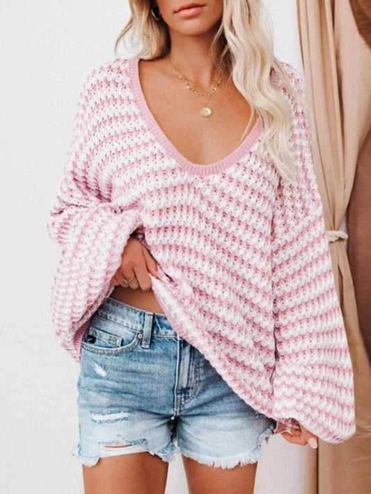 Trendsi Striped V-Neck Drop Shoulder Sweater