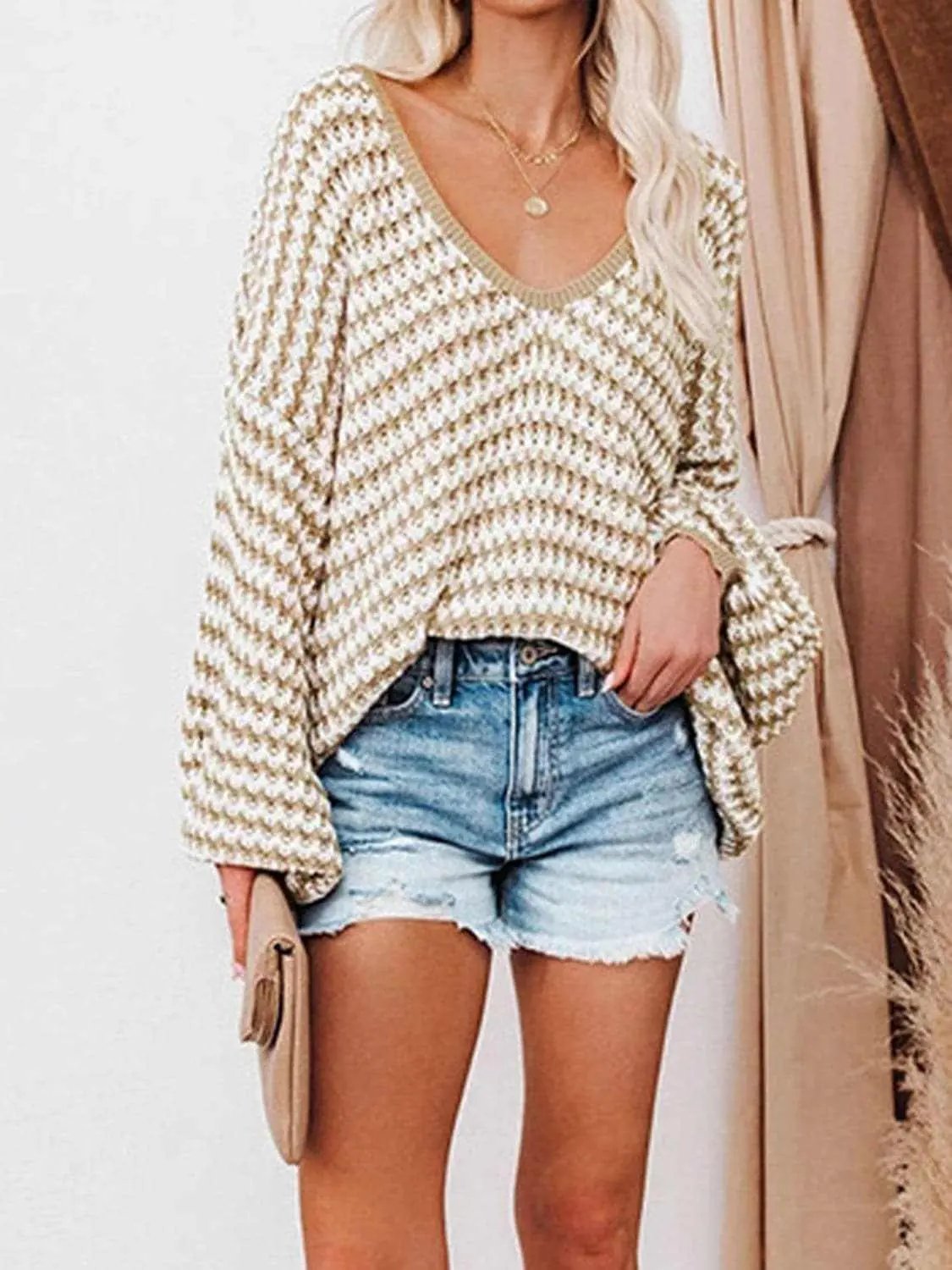 Trendsi Striped V-Neck Drop Shoulder Sweater