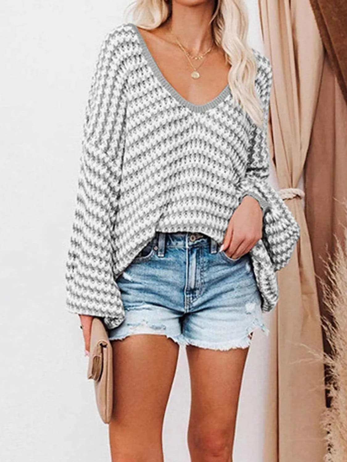 Trendsi Striped V-Neck Drop Shoulder Sweater