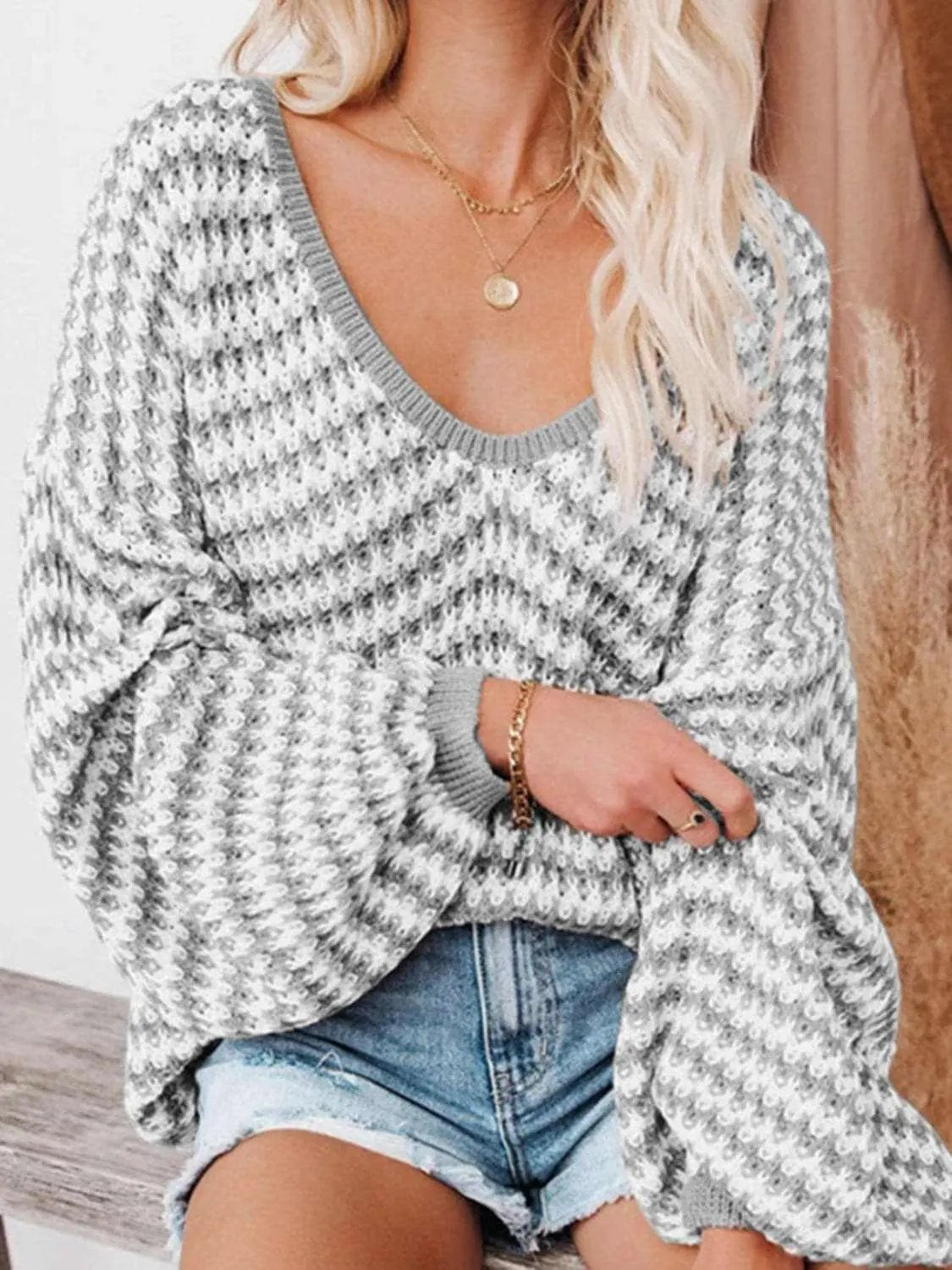 Trendsi Striped V-Neck Drop Shoulder Sweater