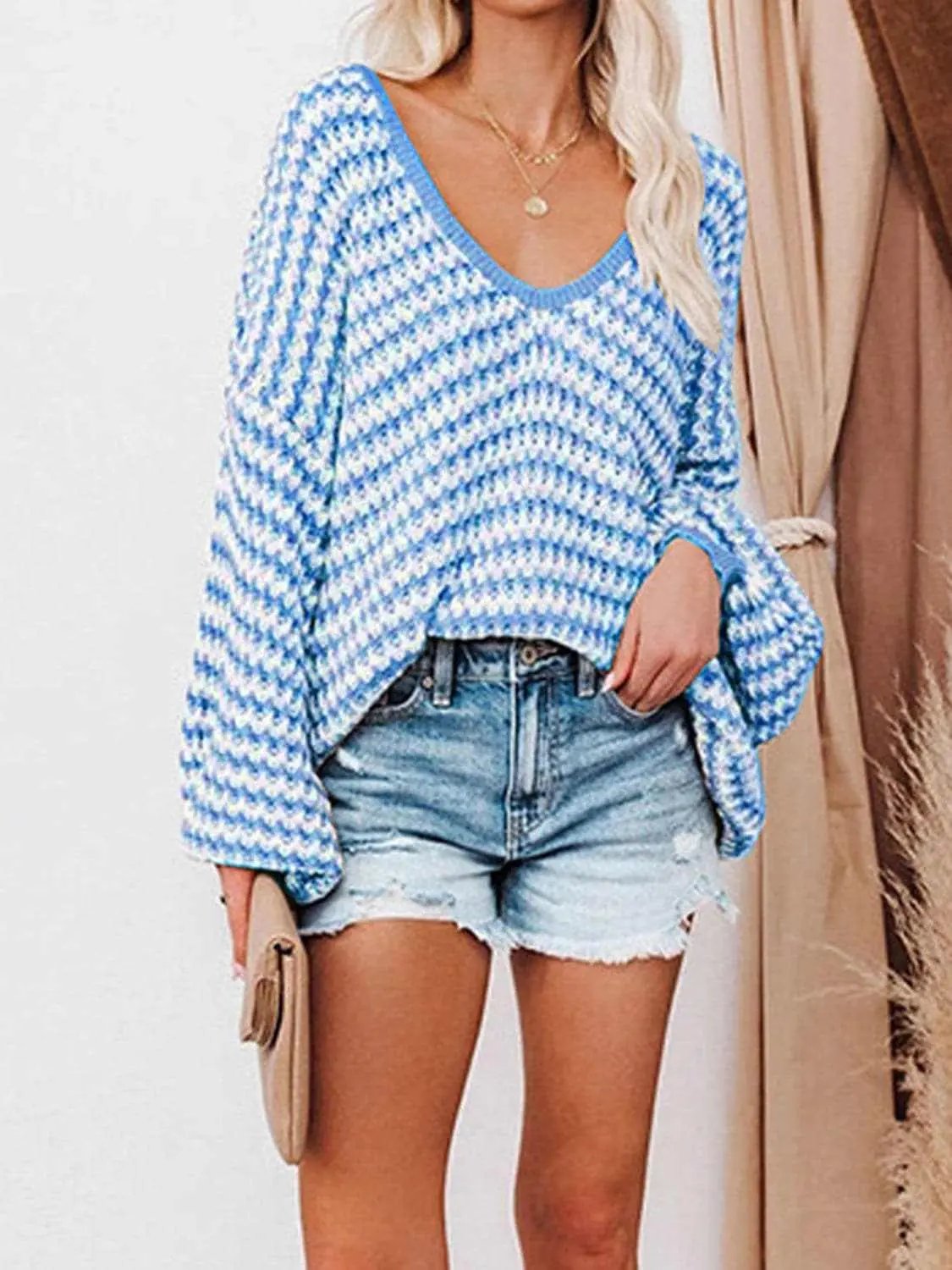Trendsi Striped V-Neck Drop Shoulder Sweater