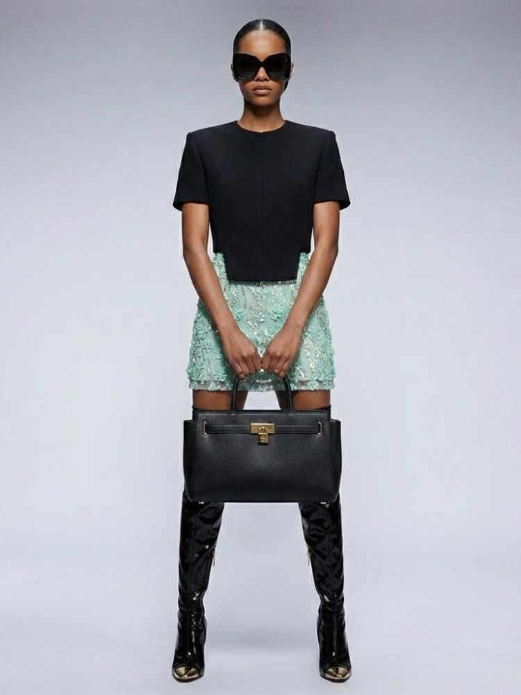 Structured Tweed Mini Skirt with Embroidered Roses & Crystals • BYMANYC ® New York