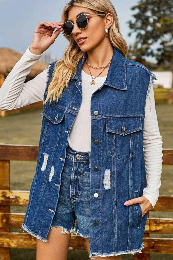 Sleeveless Top - Distressed Denim - Stylish