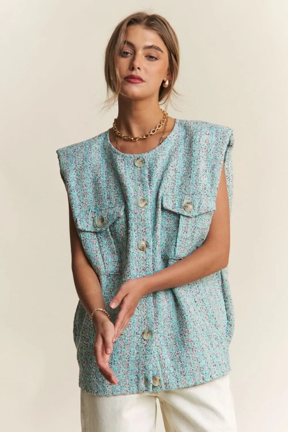 Tweed Vest - Padded Shoulder Sleeveless - Layering Fashion