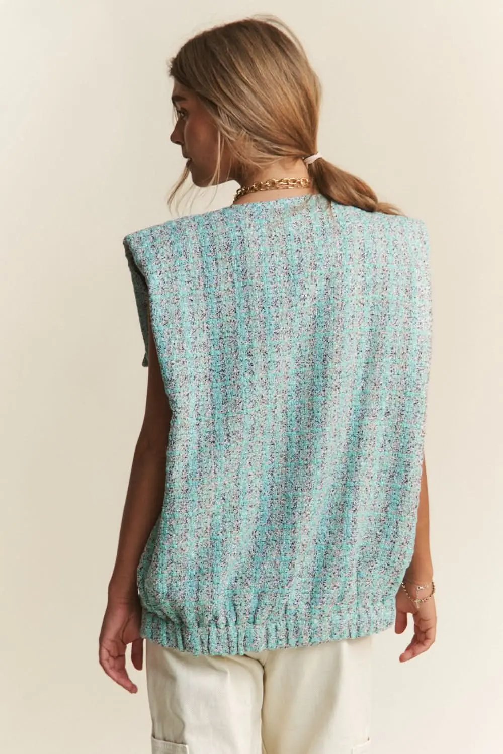 Tweed Vest - Padded Shoulder Sleeveless - Layering Fashion
