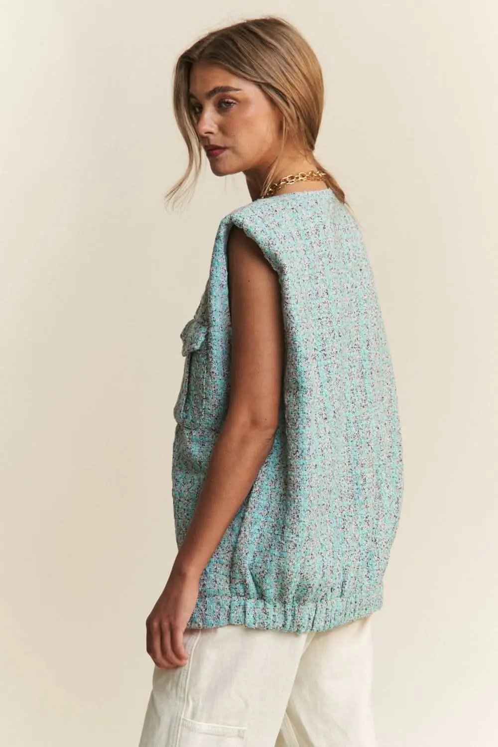 Tweed Vest - Padded Shoulder Sleeveless - Layering Fashion