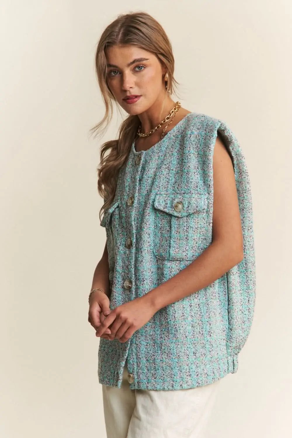 Tweed Vest - Padded Shoulder Sleeveless - Layering Fashion