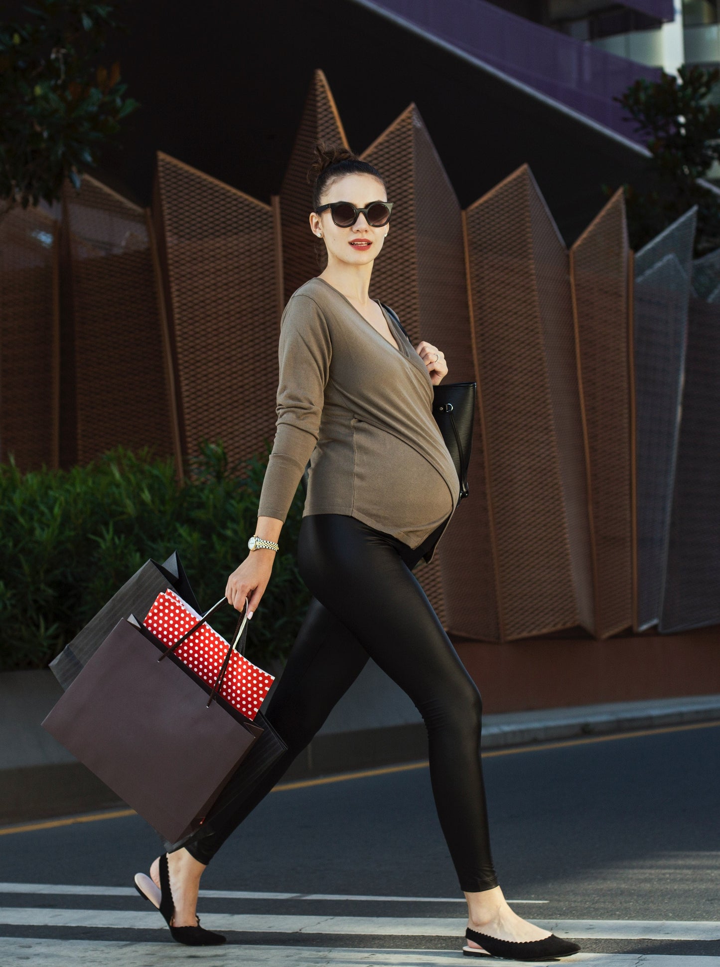 Subtle Foldover Waistband Faux Leather Maternity Leggings