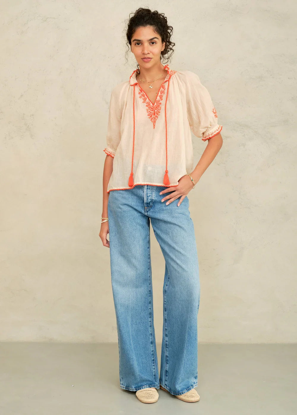 M.A.B.E Talia Embroidered Short Sleeve Top