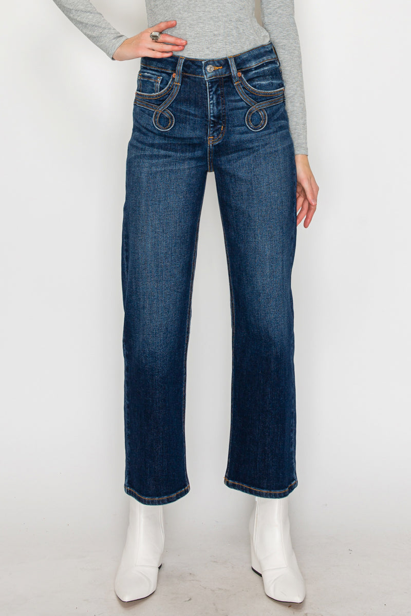 High Rise Ankle Straight Jeans - Western Detail Design