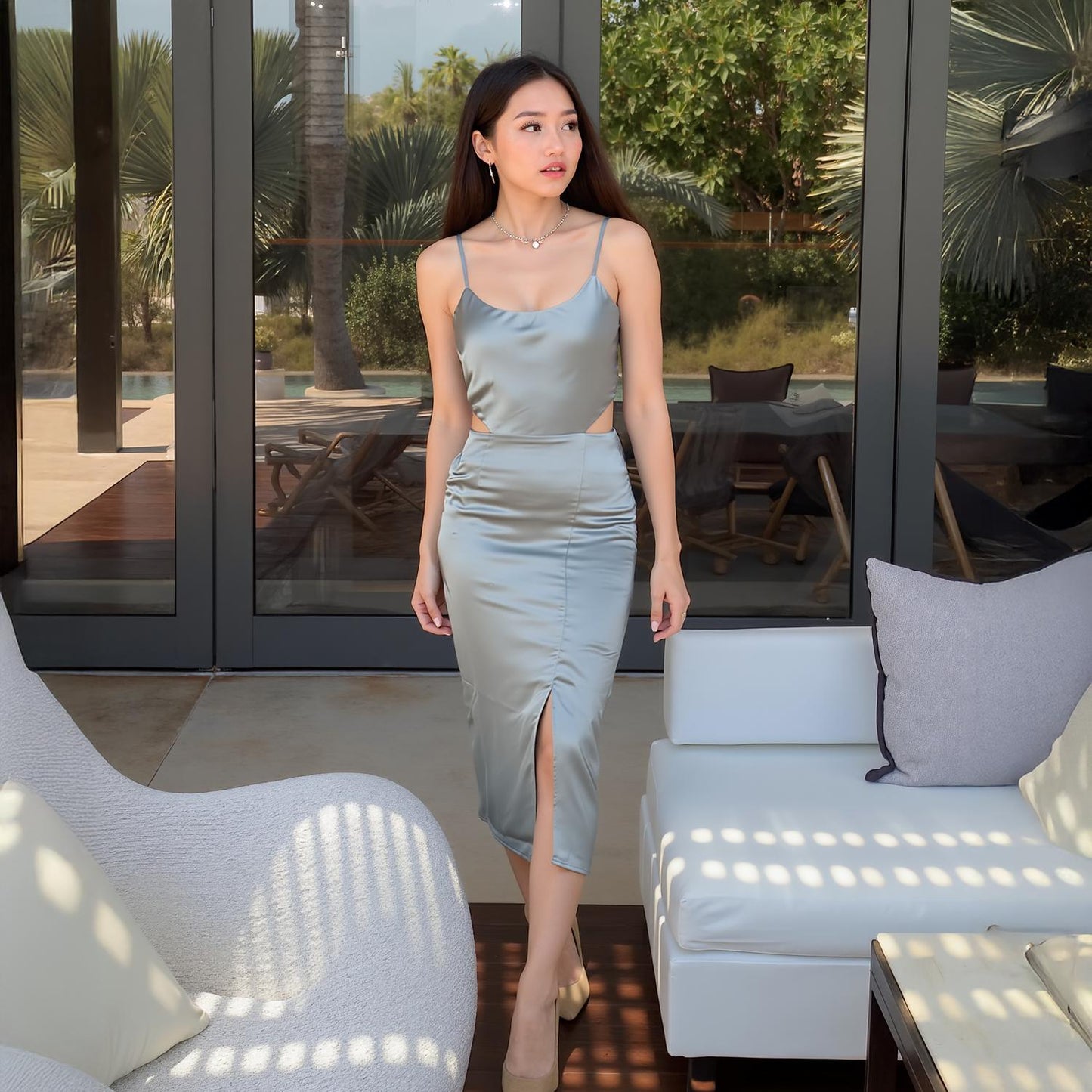 Sleeveless Satin Midi Dress in Vintage Blue