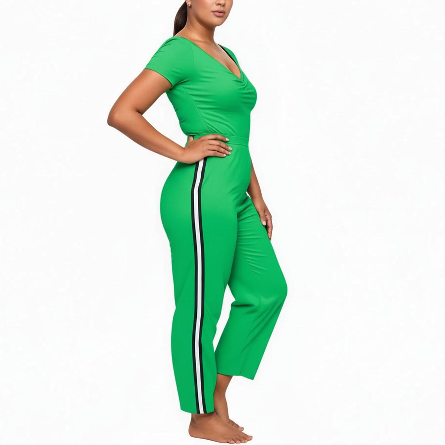 Pleione Plus Size Women's Striped Side Binding Pants In Green