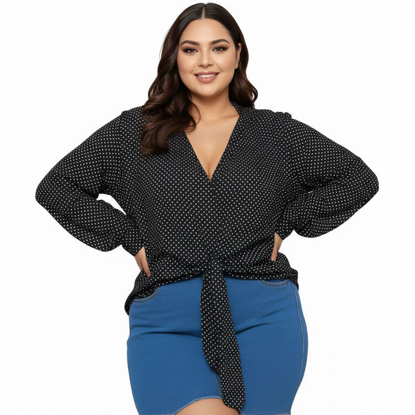 Pleione Plus Size Women's Mandarin Collar Tie Hem Blouse