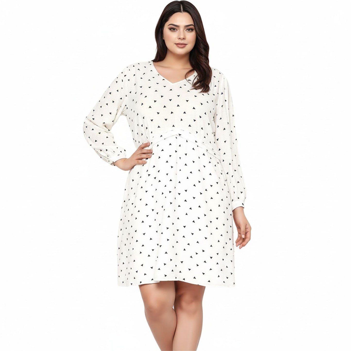 Women's Plus Size Triangle Print Long Sleeve Dress in White Triangle