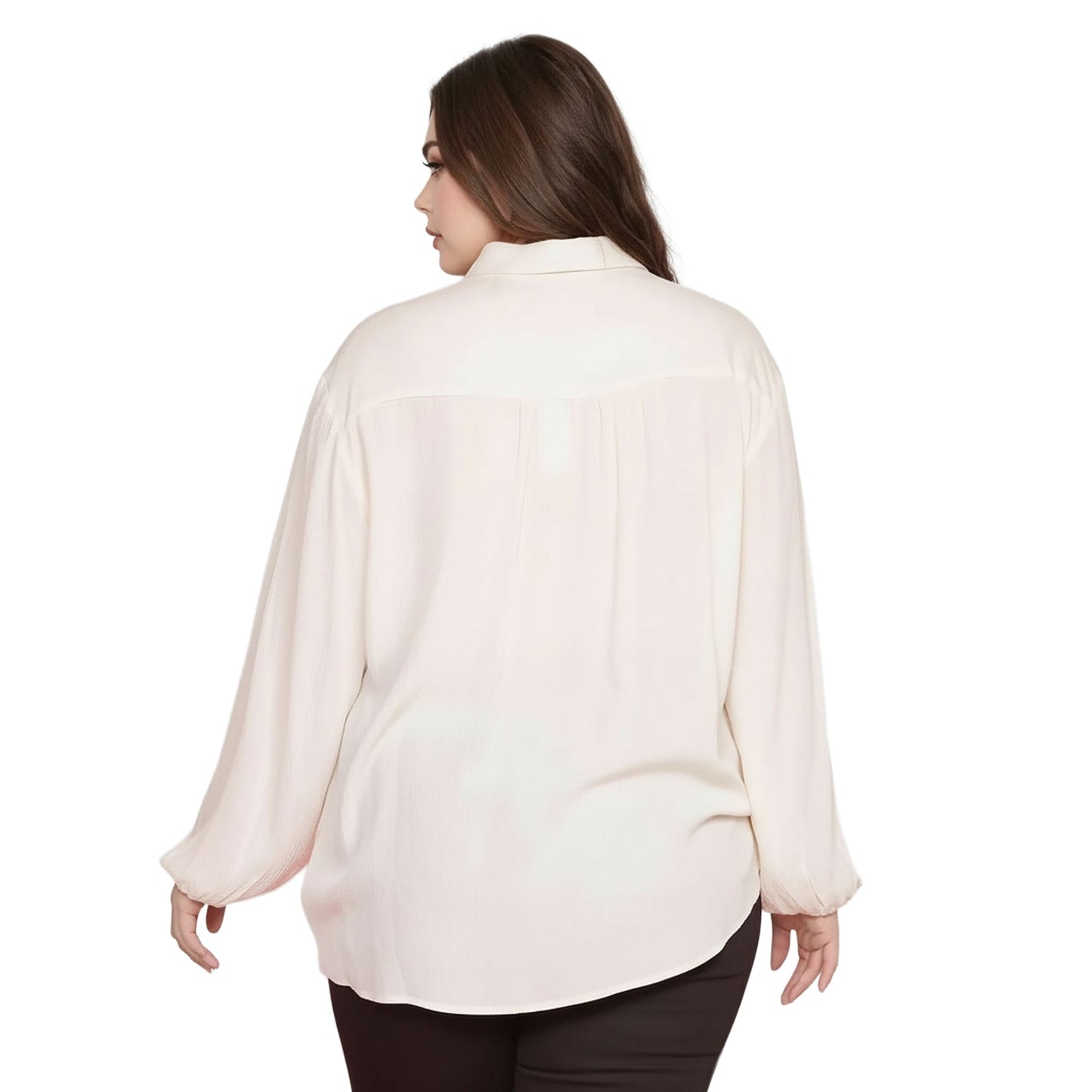 Pleione Plus Size Pleated Tie Hem Button Down Blouse in Ivory