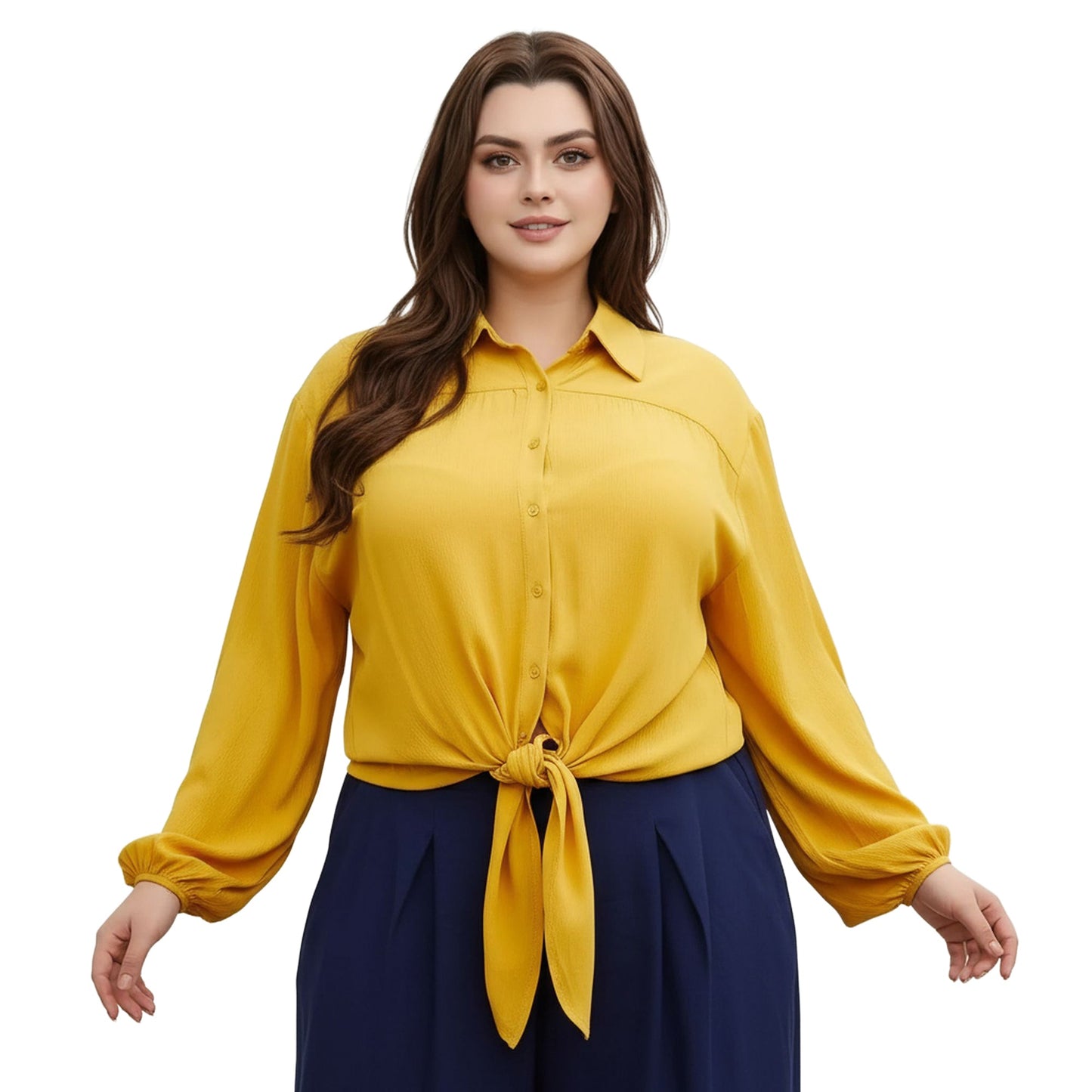 Pleione Plus Size Pleated Tie Hem Button Down Blouse In Mustard