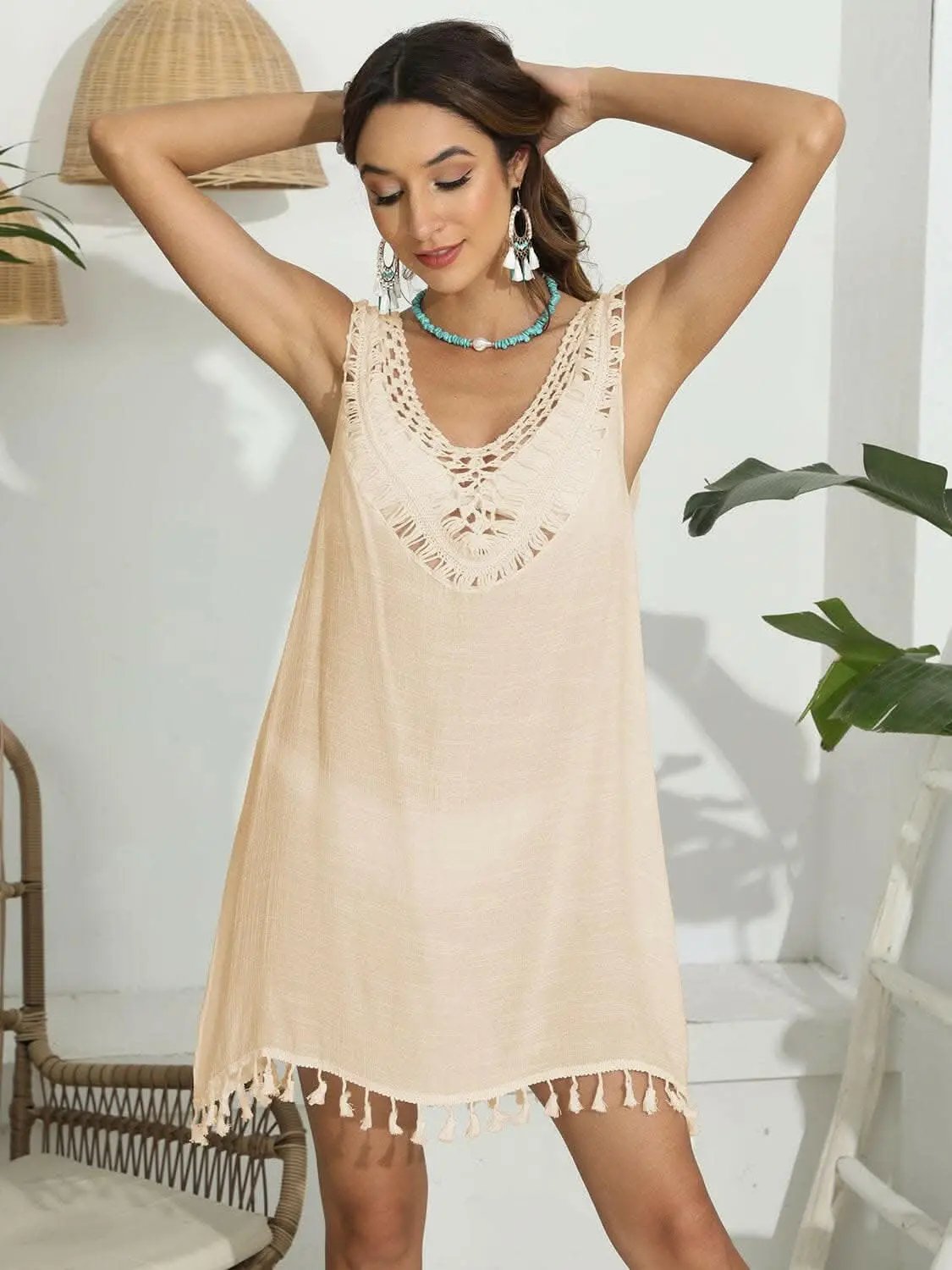 Trendsi just arrived - Tassel scoop neck cover-up