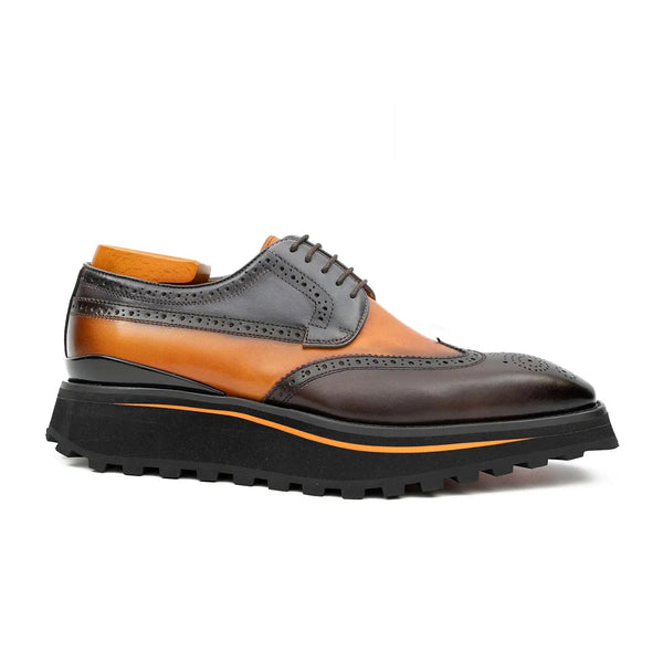 Thick-soled calfskin formal brogue derby shoes Blue