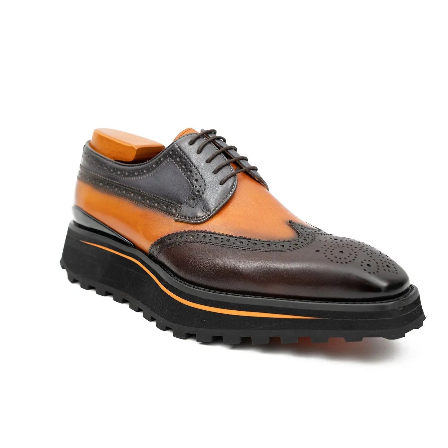 Thick-soled calfskin formal brogue derby shoes Blue