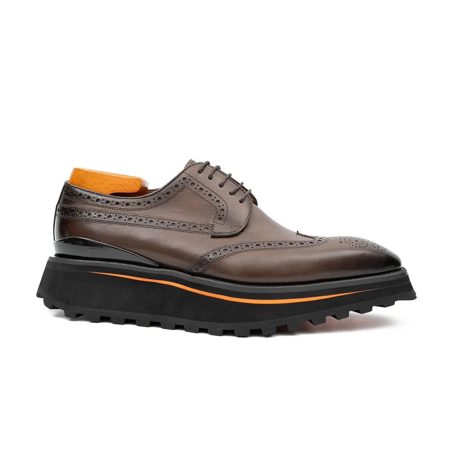 Thick-soled calfskin formal brogue derby shoes coffee