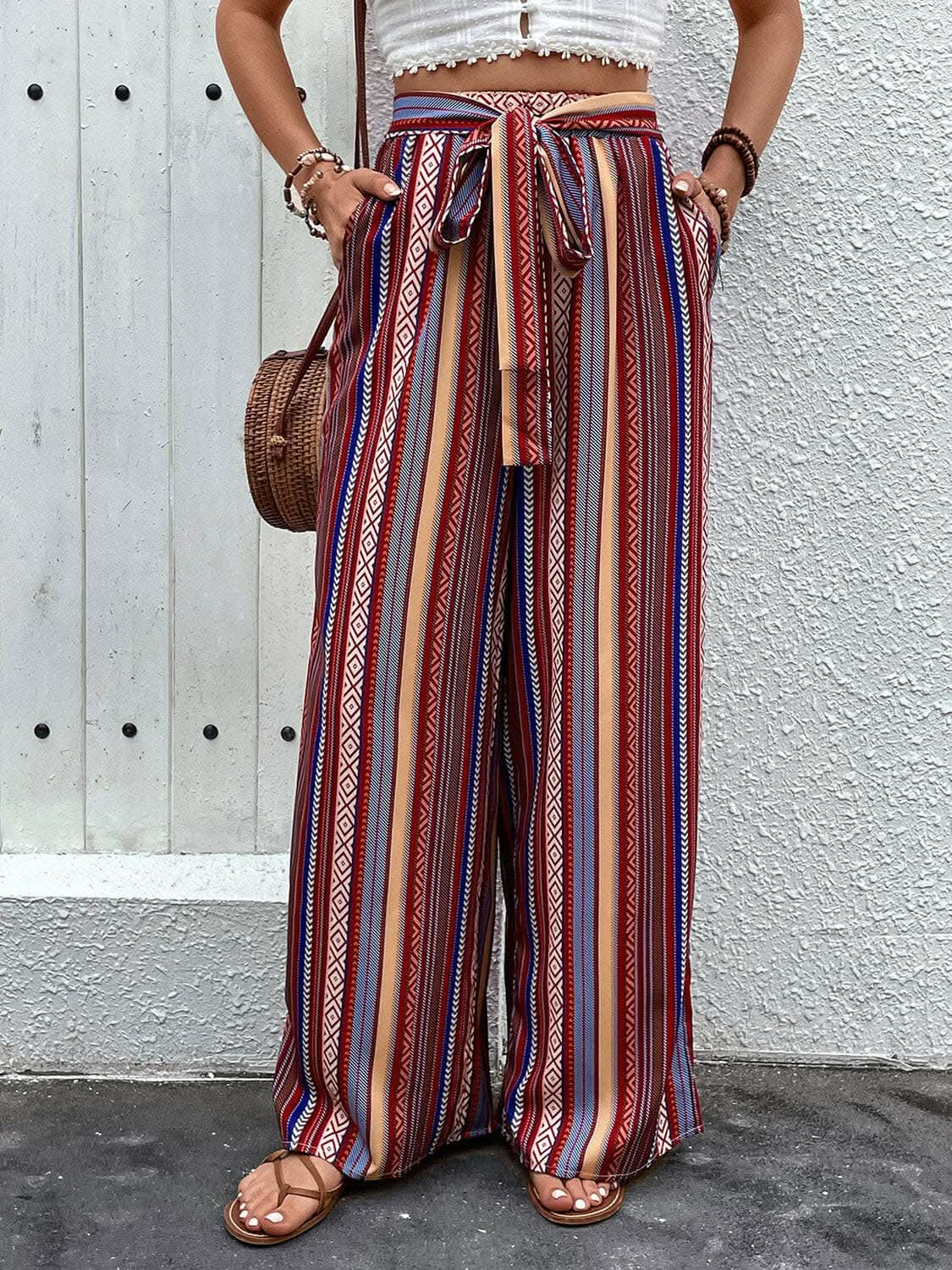Trendsi Color - Trendsi Tied geometric wide-leg pants