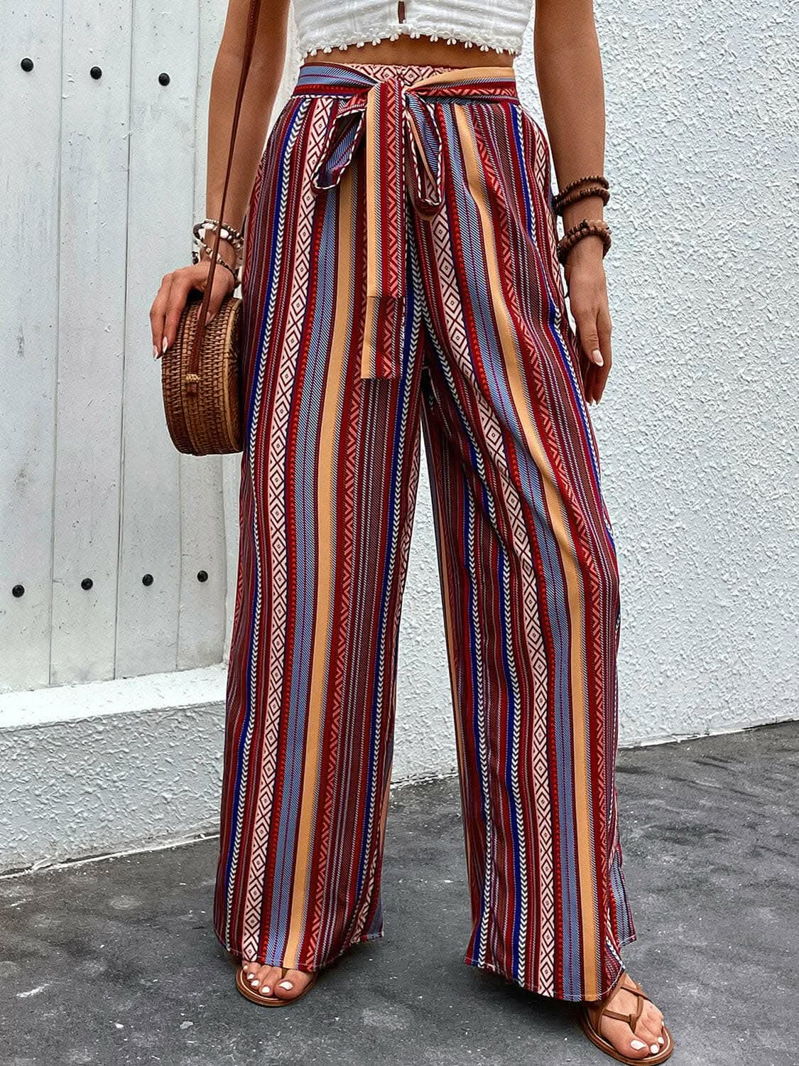 Trendsi Color - Trendsi Tied geometric wide-leg pants