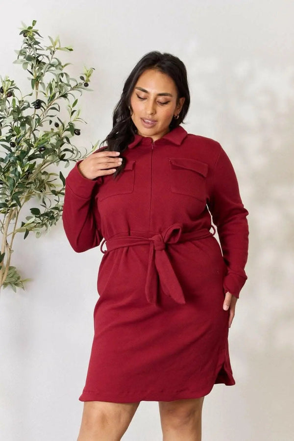 Trendsi Zip-Front Shirt Dress Women's Trendy Long Sleeve Tie Waist Mini Dress