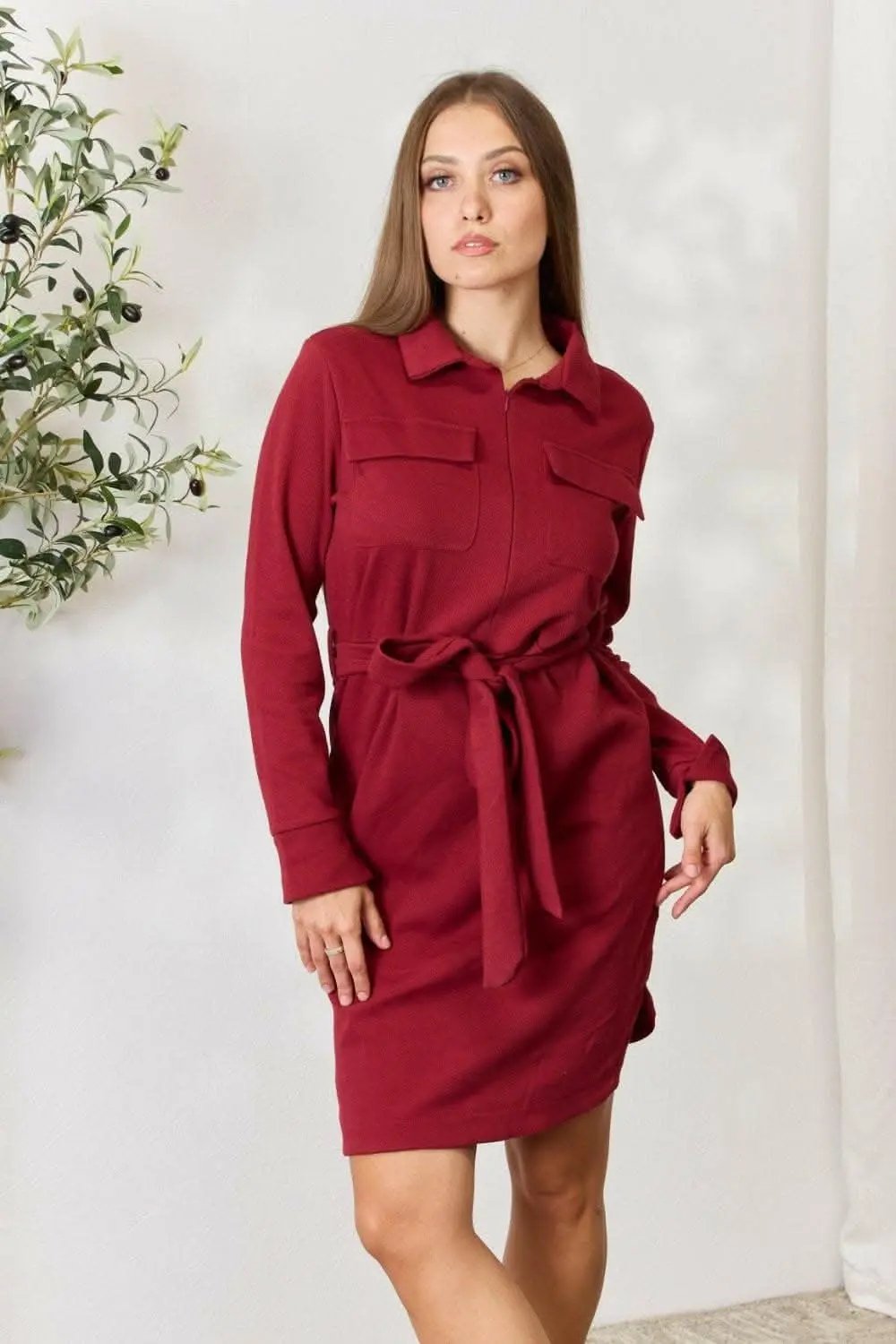 Trendsi Zip-Front Shirt Dress Women's Trendy Long Sleeve Tie Waist Mini Dress