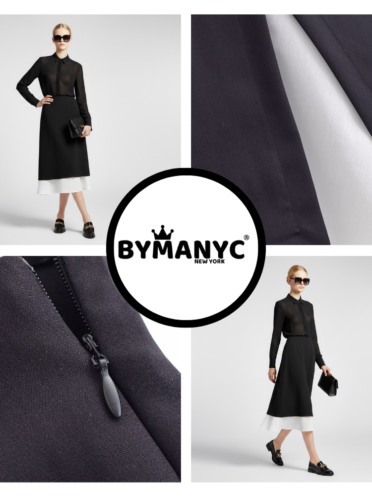 Two-Tone Black and White Midi Skirt with Double-Layer Design • BYMANYC ® New York