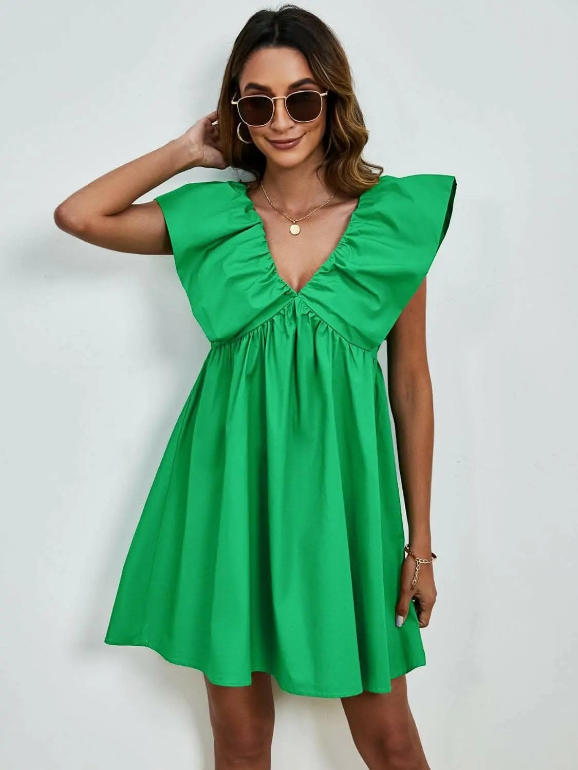 Trendsi V-neck cap sleeve mini dress