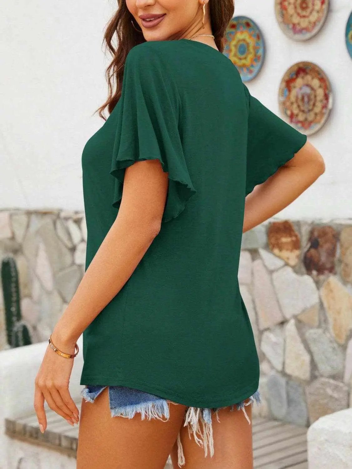 Trendsi V-neck flutter sleeve t-shirt