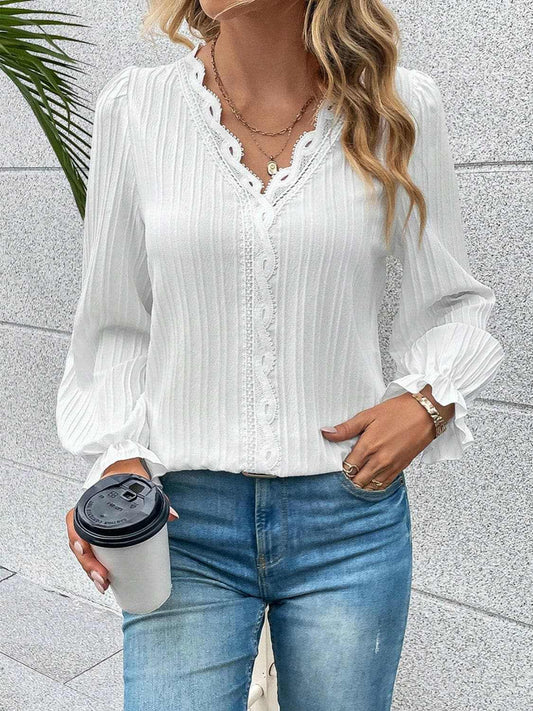 Trendsi Lace Blouse Women's Elegant V-Neck Flutter Sleeve Top Stylish