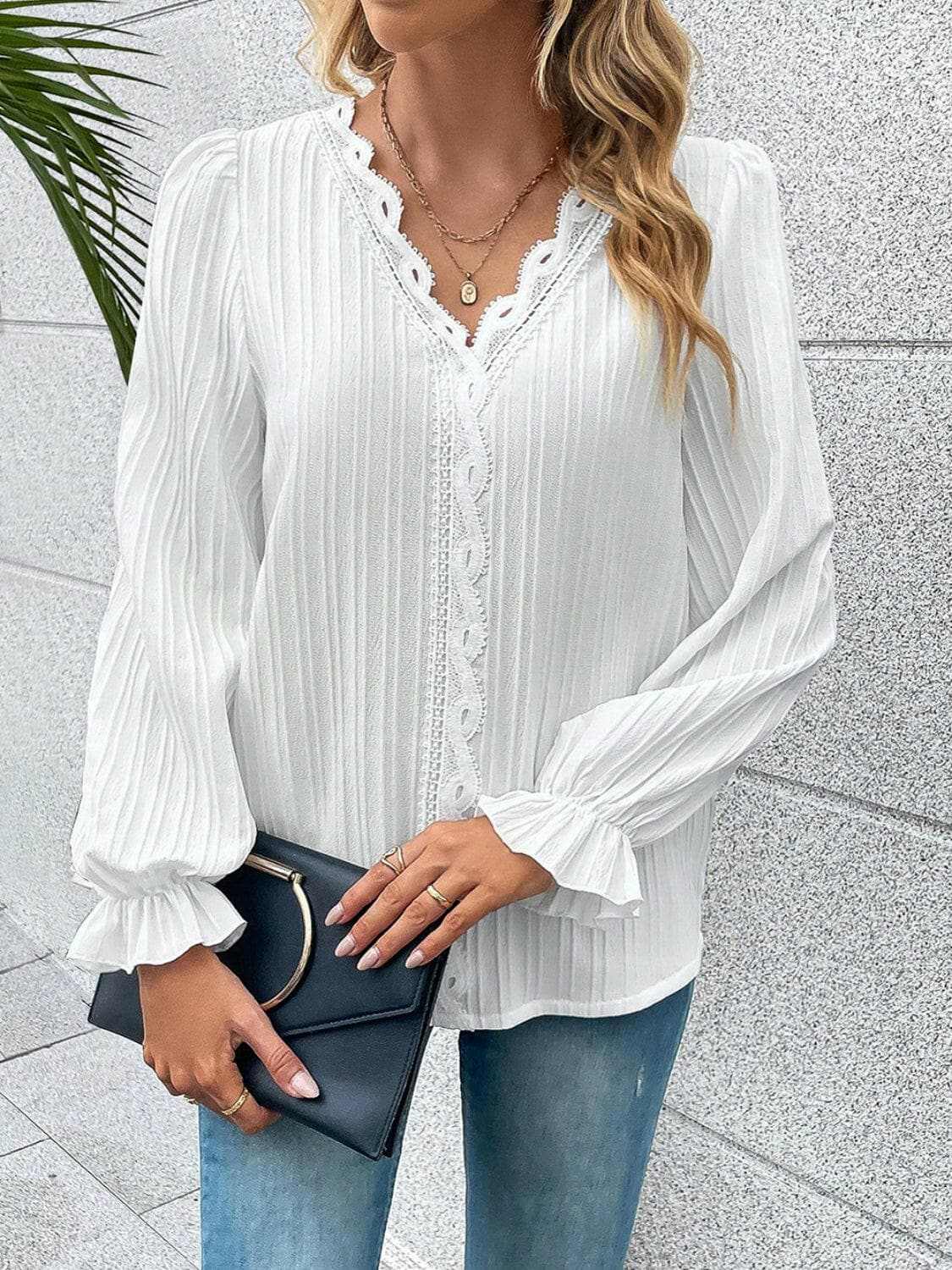 Trendsi Lace Blouse Women's Elegant V-Neck Flutter Sleeve Top Stylish