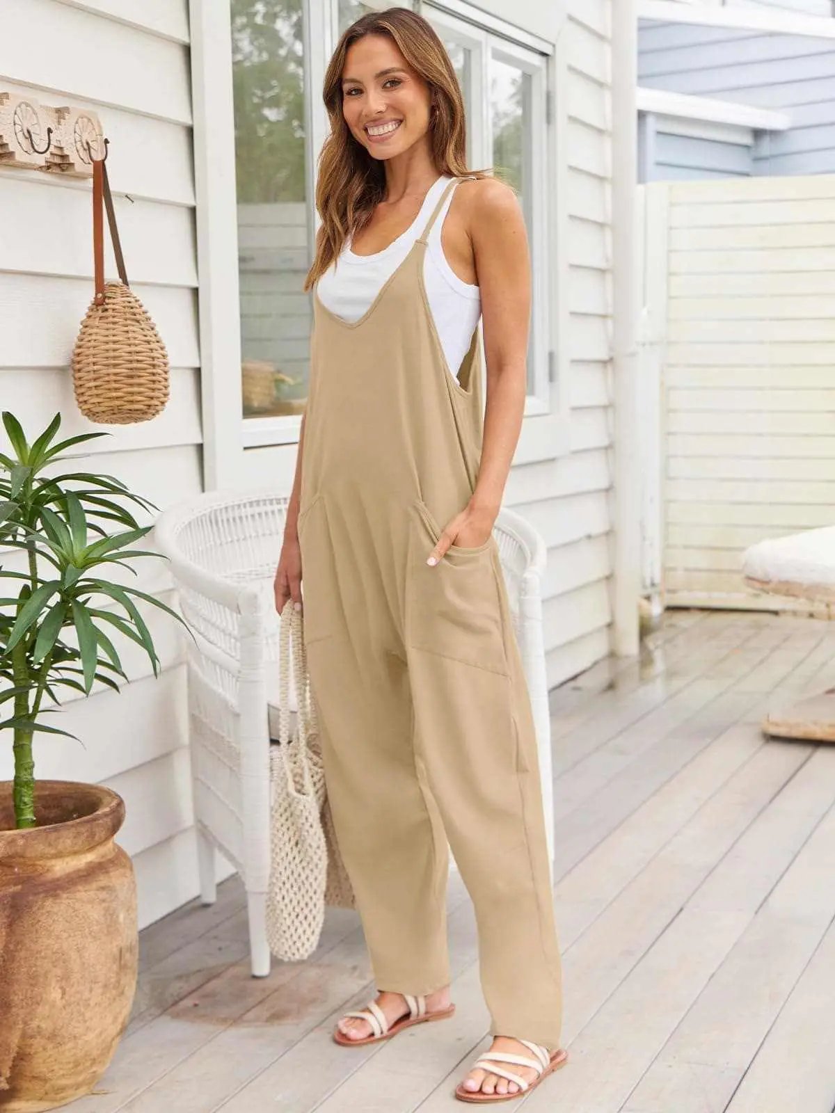 Trendsi V-Neck Jumpsuit Women's Casual Romper Comfy Pocket One-Piece