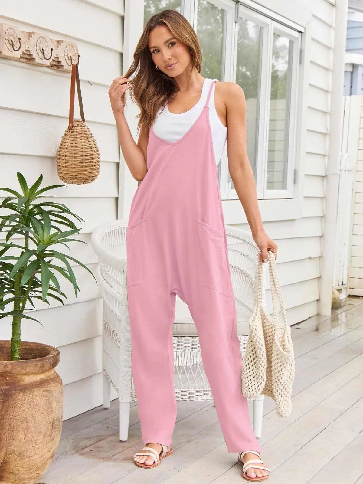 Trendsi V-Neck Jumpsuit Women's Casual Romper Comfy Pocket One-Piece